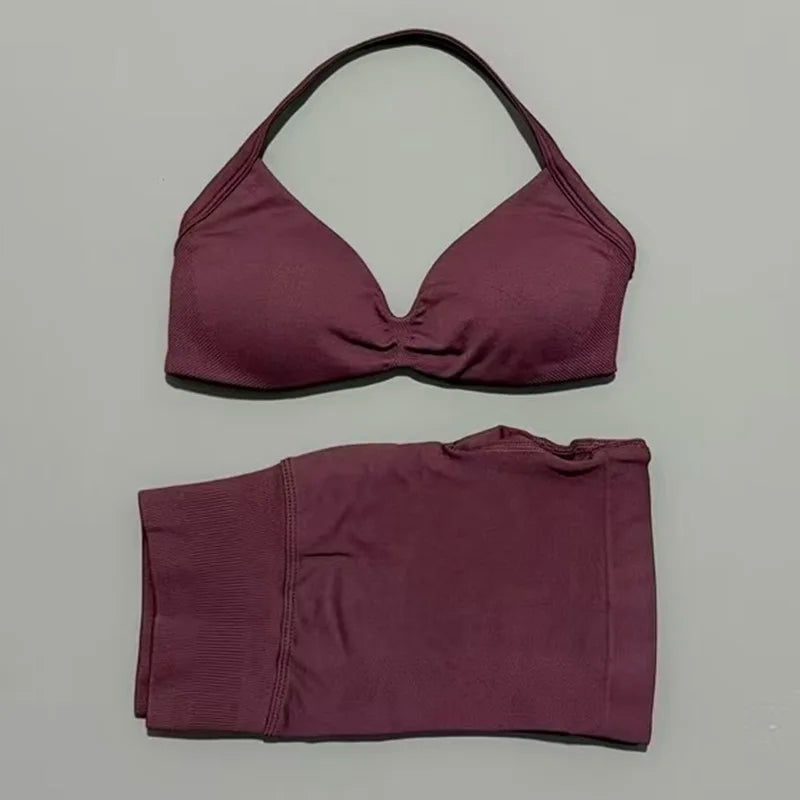 2 Piece Women Strappy Yoga Bra Scrunch Shorts  Set