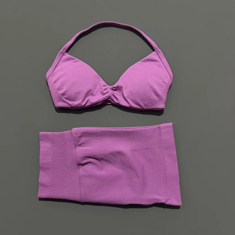 2 Piece Women Strappy Yoga Bra Scrunch Shorts  Set