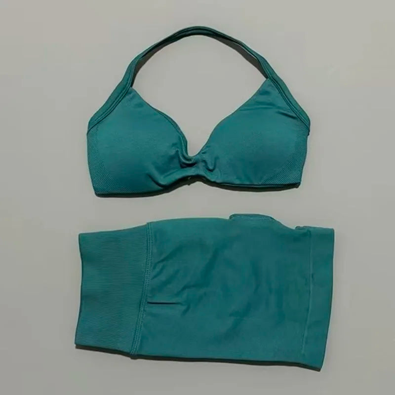 2 Piece Women Strappy Yoga Bra Scrunch Shorts  Set