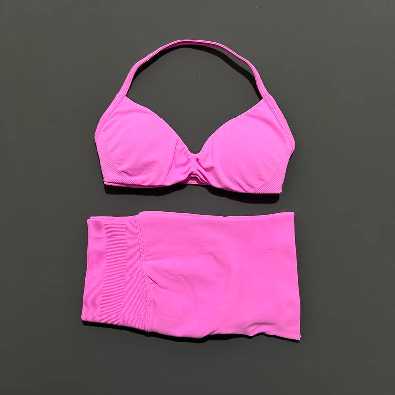 2 Piece Women Strappy Yoga Bra Scrunch Shorts  Set