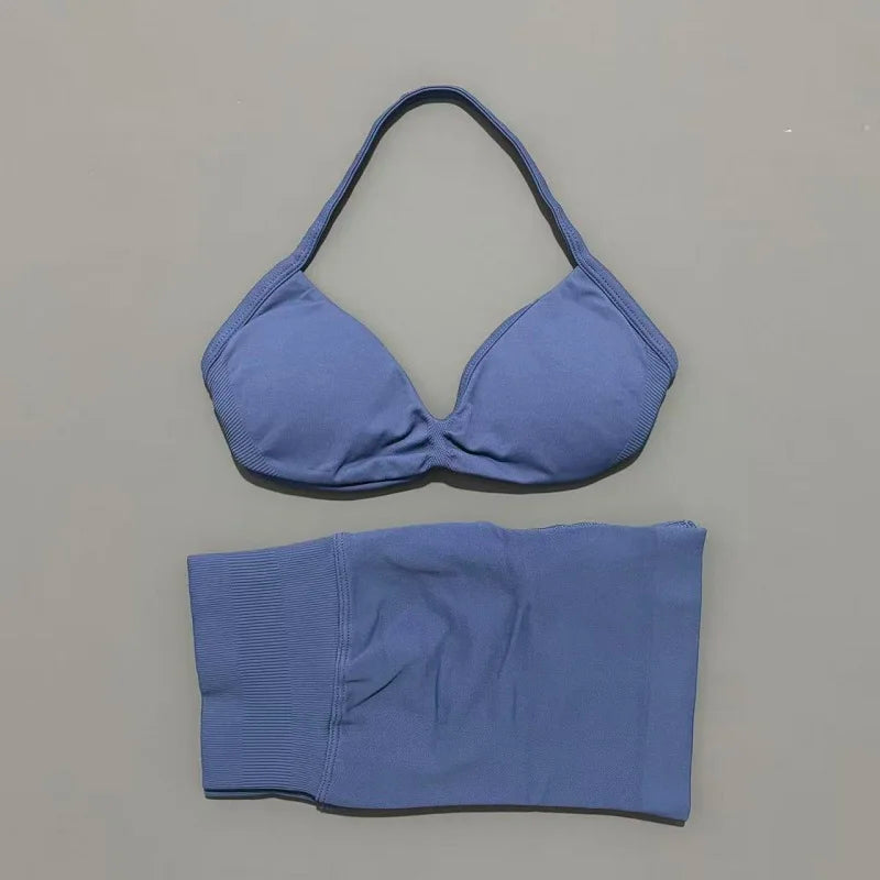 2 Piece Women Strappy Yoga Bra Scrunch Shorts  Set