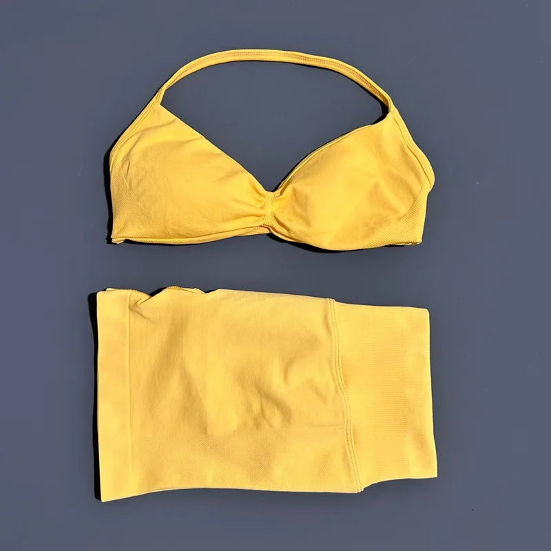 2 Piece Women Strappy Yoga Bra Scrunch Shorts  Set