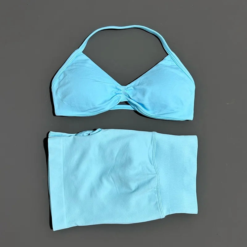 2 Piece Women Strappy Yoga Bra Scrunch Shorts  Set