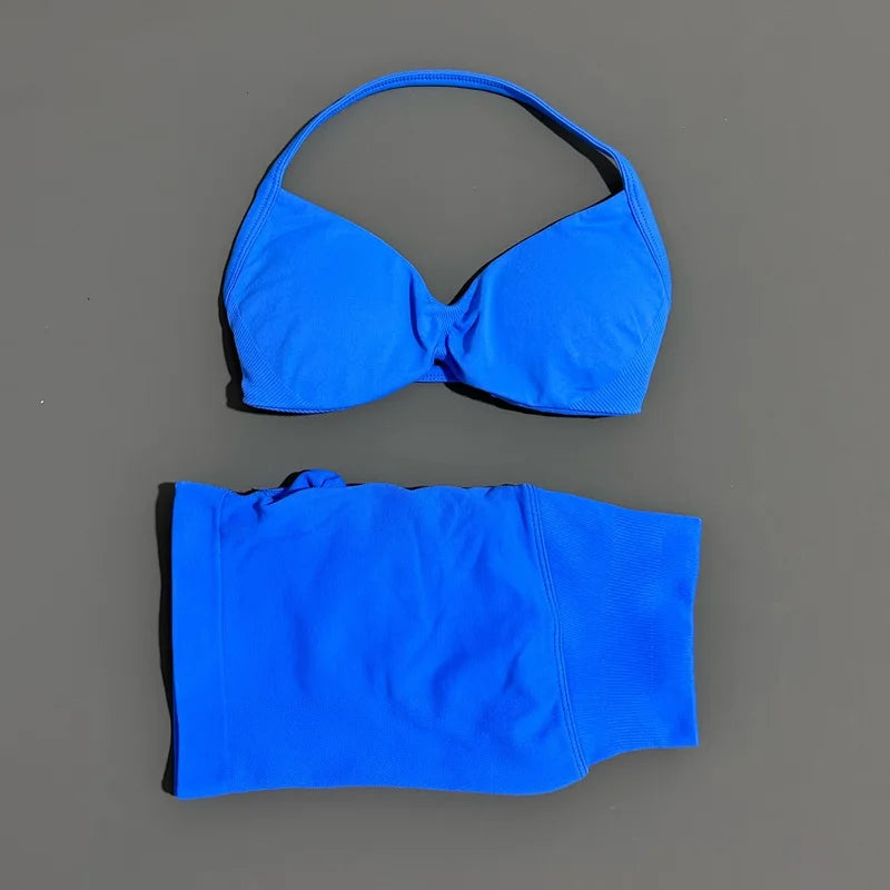 2 Piece Women Strappy Yoga Bra Scrunch Shorts  Set