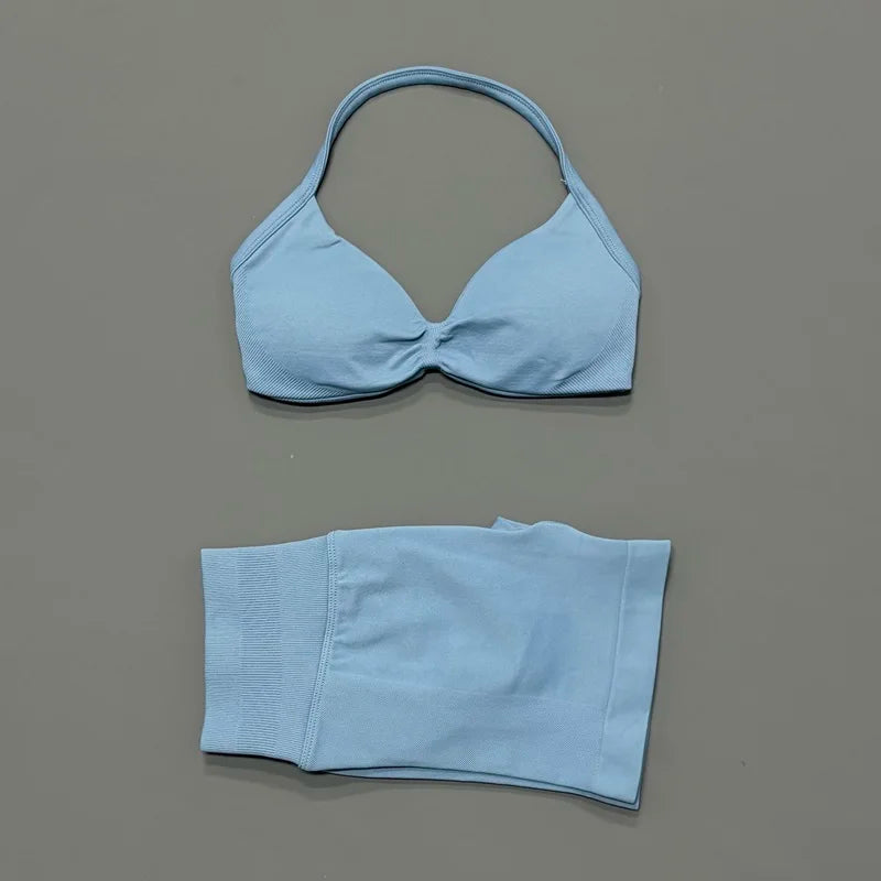 2 Piece Women Strappy Yoga Bra Scrunch Shorts  Set