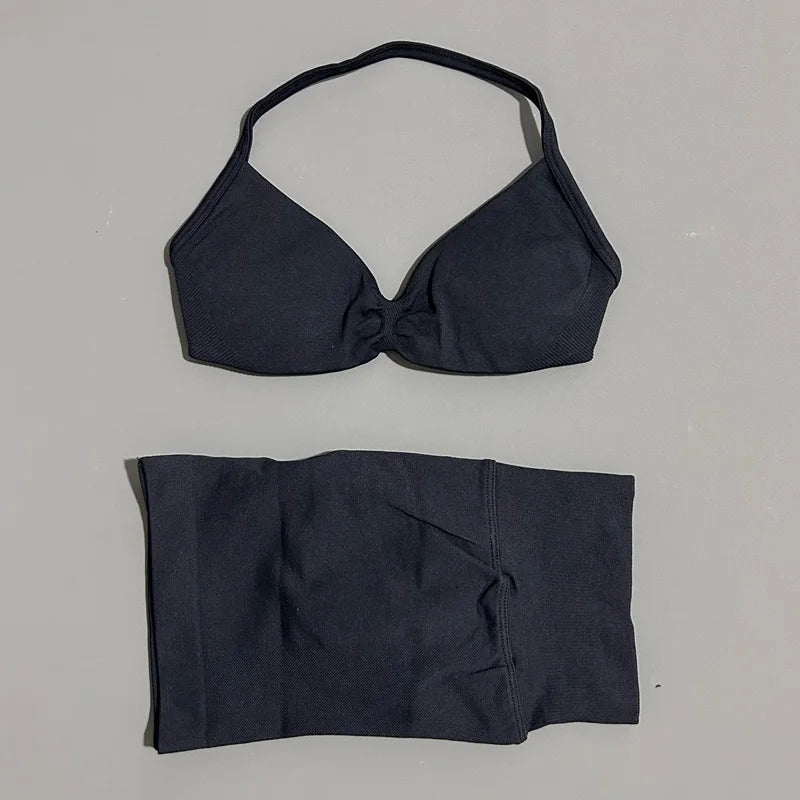 2 Piece Women Strappy Yoga Bra Scrunch Shorts  Set