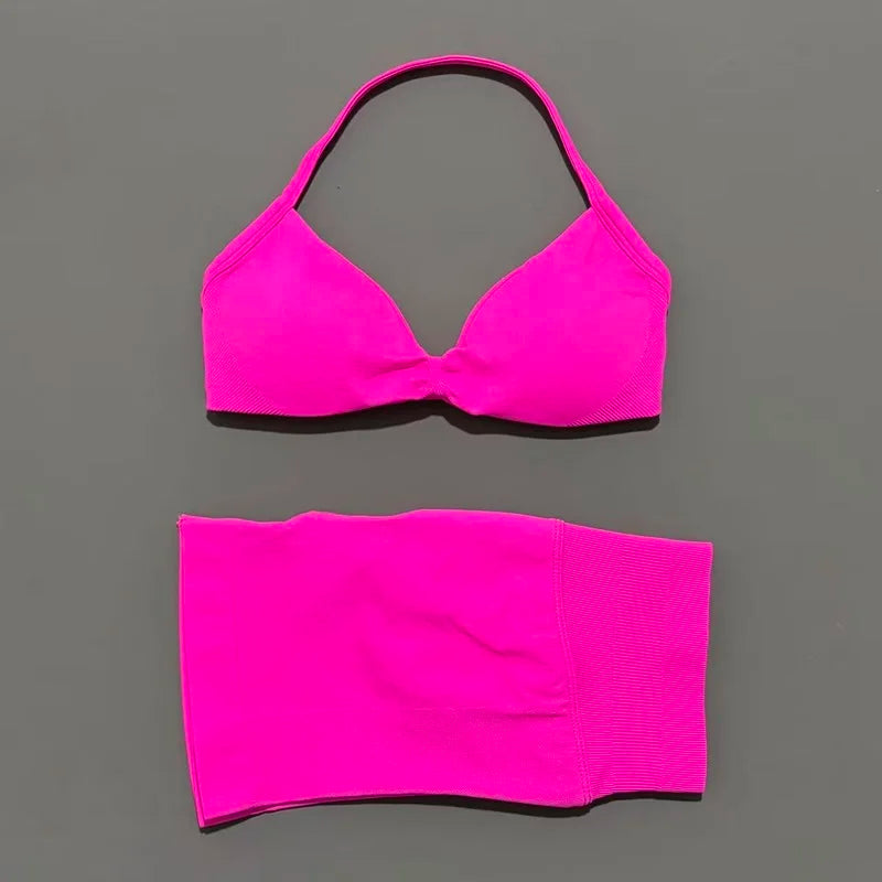 2 Piece Women Strappy Yoga Bra Scrunch Shorts  Set