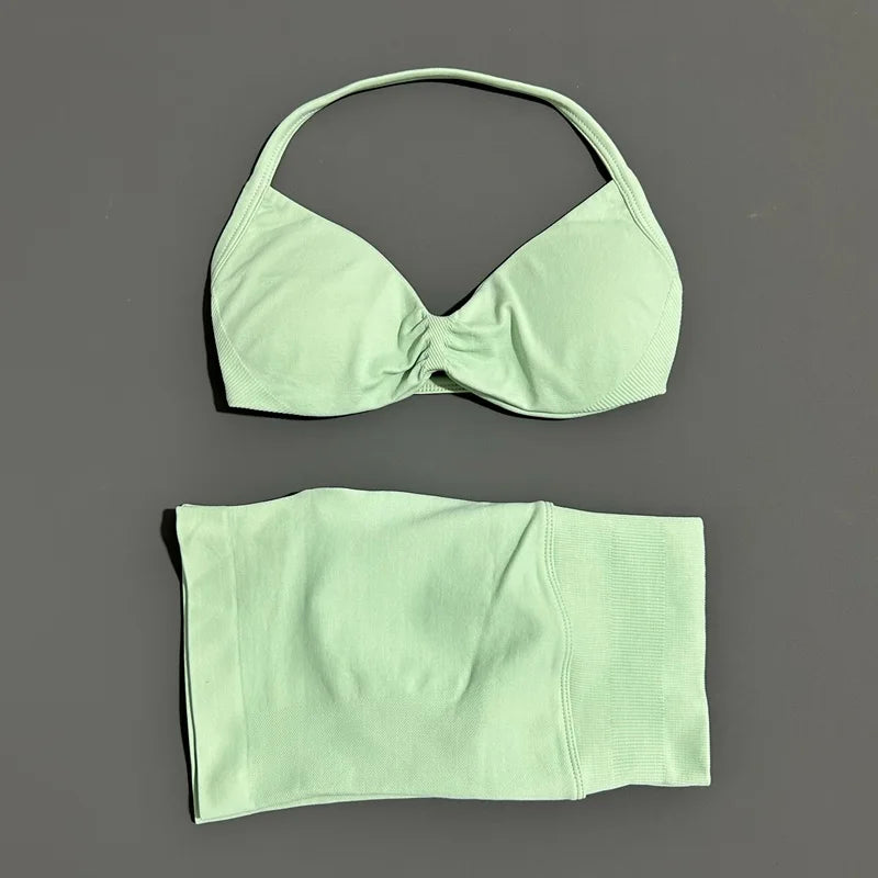 2 Piece Women Strappy Yoga Bra Scrunch Shorts  Set