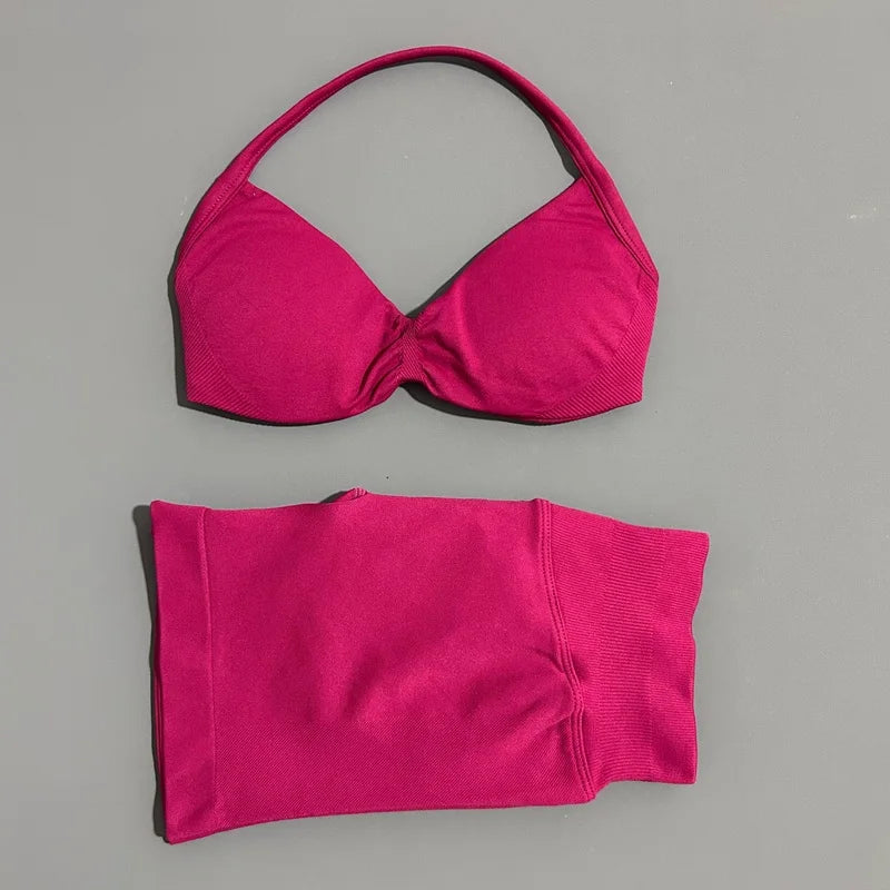 2 Piece Women Strappy Yoga Bra Scrunch Shorts  Set