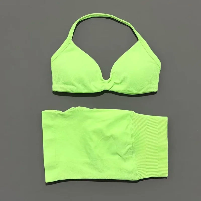 2 Piece Women Strappy Yoga Bra Scrunch Shorts  Set