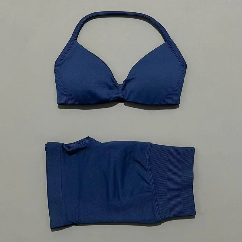 2 Piece Women Strappy Yoga Bra Scrunch Shorts  Set