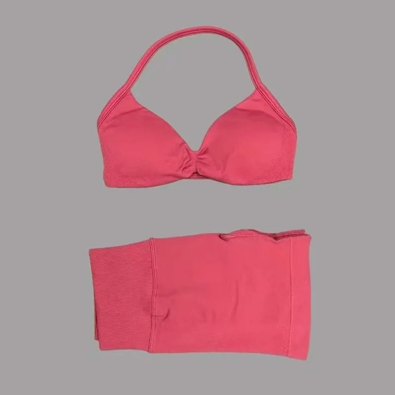 2 Piece Women Strappy Yoga Bra Scrunch Shorts  Set