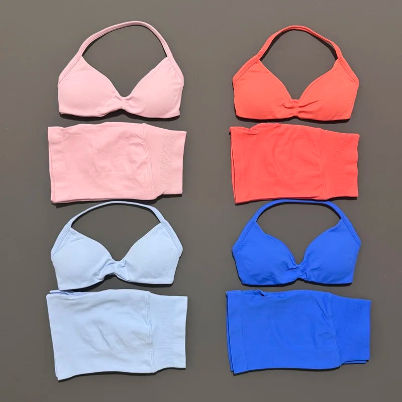 2 Piece Women Strappy Yoga Bra Scrunch Shorts  Set
