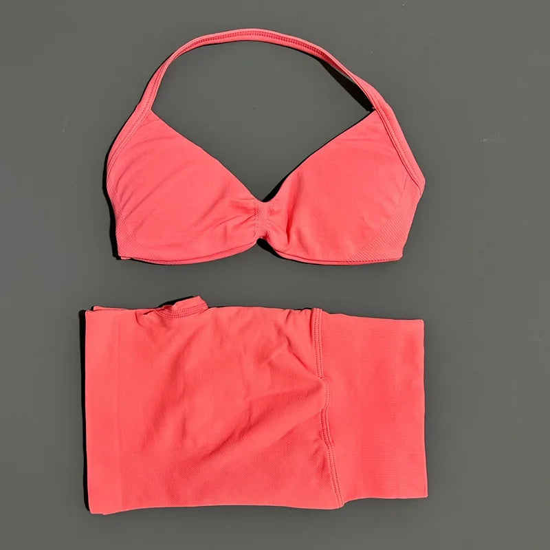 2 Piece Women Strappy Yoga Bra Scrunch Shorts  Set