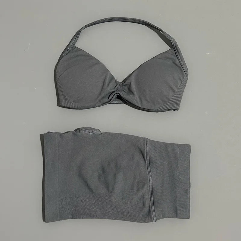 2 Piece Women Strappy Yoga Bra Scrunch Shorts  Set