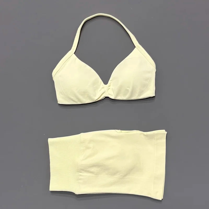 2 Piece Women Strappy Yoga Bra Scrunch Shorts  Set