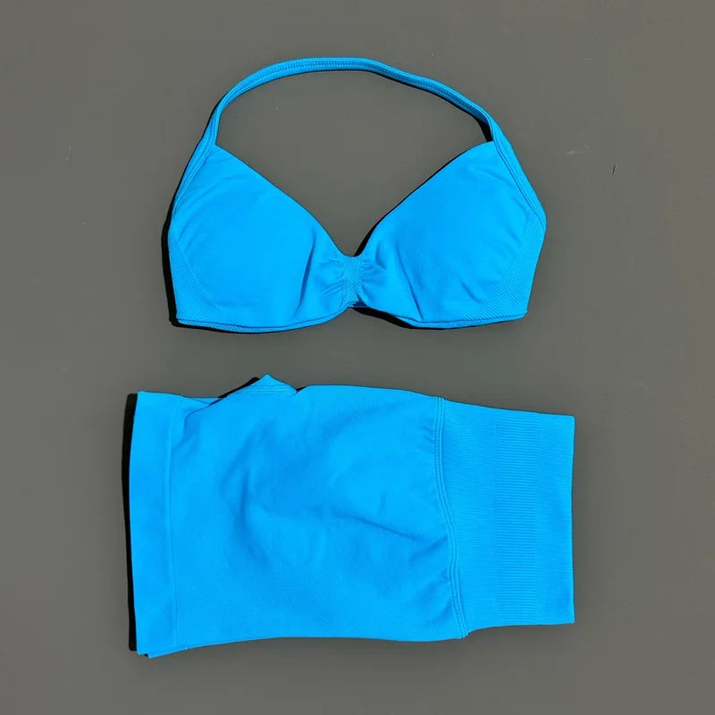 2 Piece Women Strappy Yoga Bra Scrunch Shorts  Set