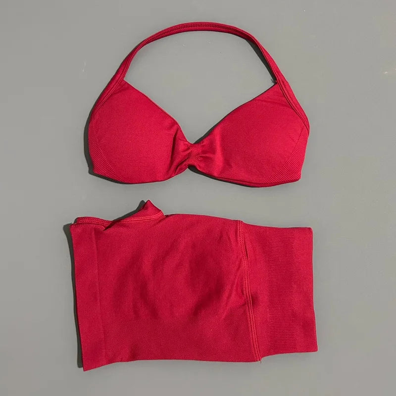 2 Piece Women Strappy Yoga Bra Scrunch Shorts  Set