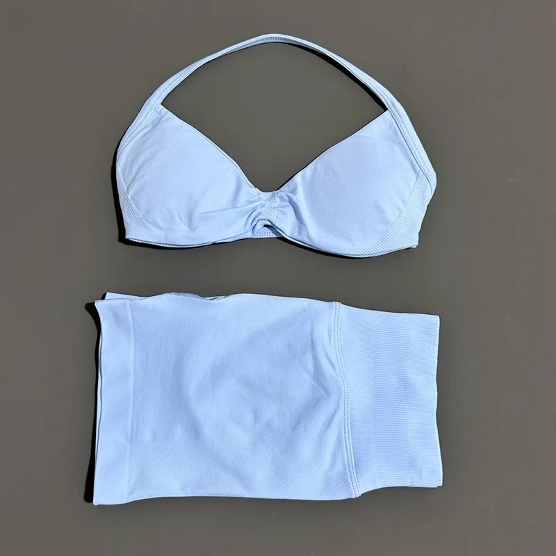 2 Piece Women Strappy Yoga Bra Scrunch Shorts  Set