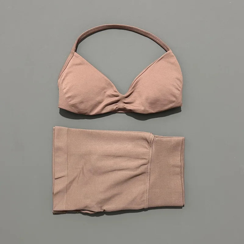 2 Piece Women Strappy Yoga Bra Scrunch Shorts  Set