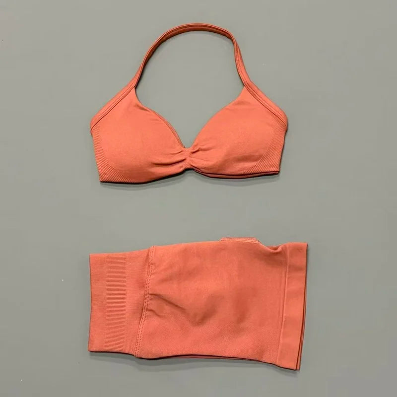 2 Piece Women Strappy Yoga Bra Scrunch Shorts  Set