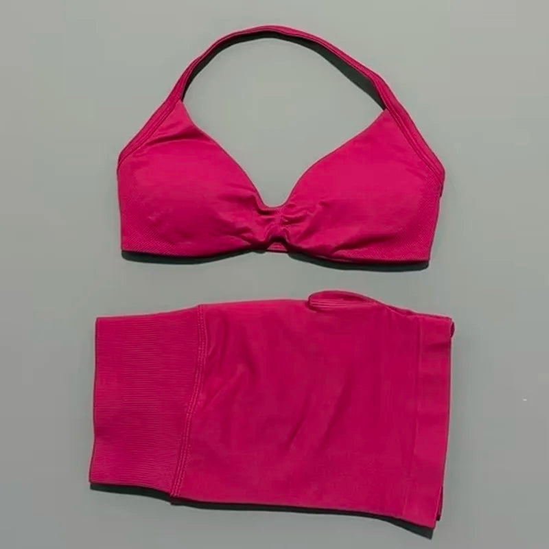 2 Piece Women Strappy Yoga Bra Scrunch Shorts  Set