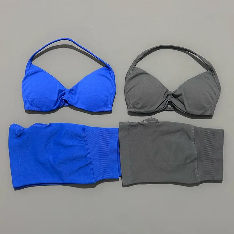 2 Piece Women Strappy Yoga Bra Scrunch Shorts  Set