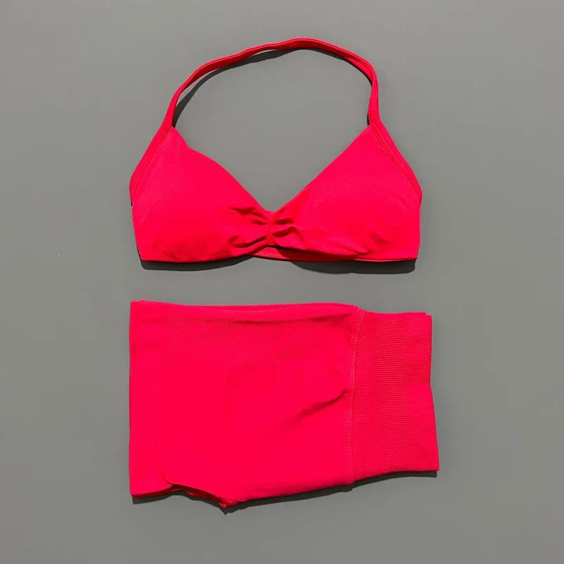 2 Piece Women Strappy Yoga Bra Scrunch Shorts  Set
