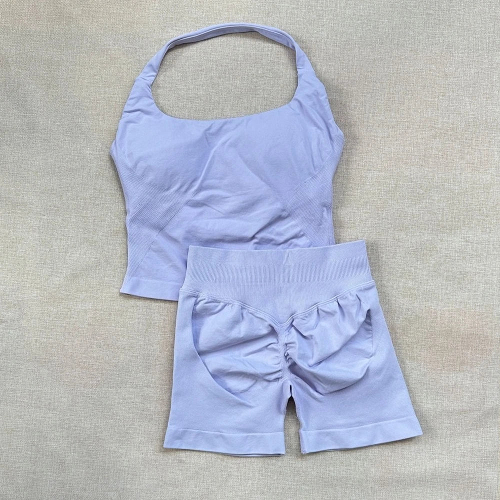  2 Piece Women Open Back Sports Halter Bra Scrunch Shorts set