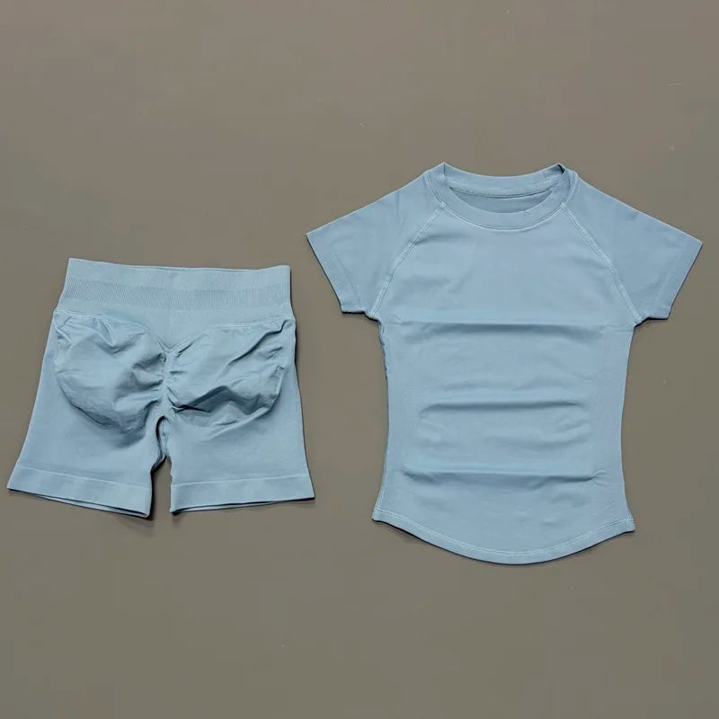 2 Pieces Short Sleeve Top and Seamless Scrunch Shorts Gym set 