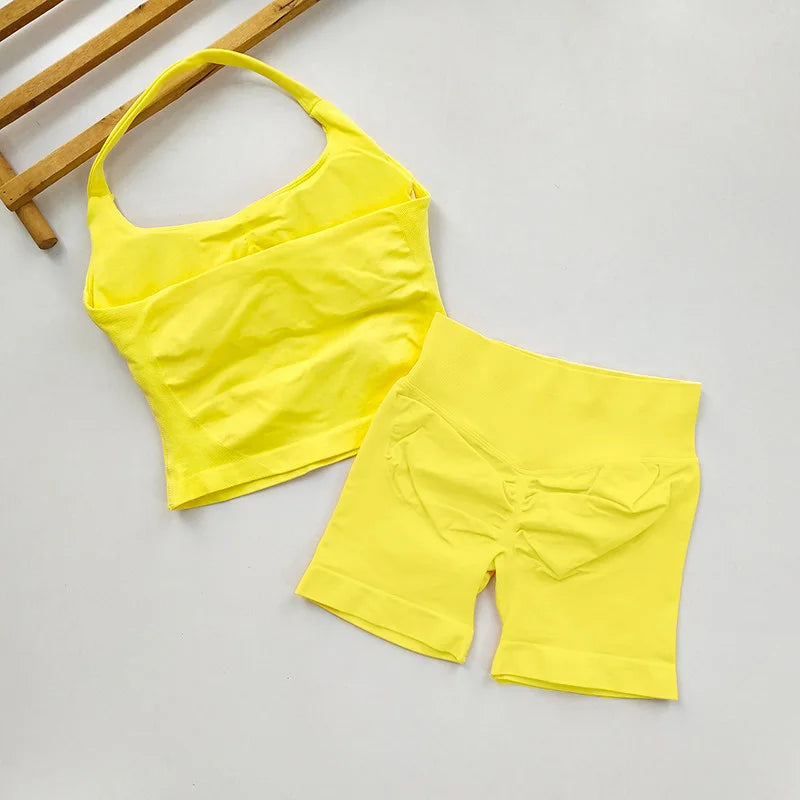  2 Piece Women Open Back Sports Halter Bra Scrunch Shorts set