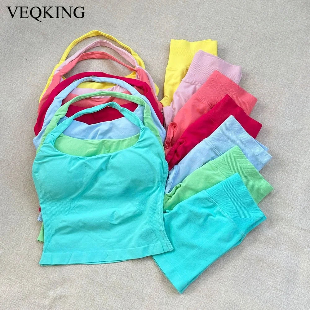  2 Piece Women Open Back Sports Halter Bra Scrunch Shorts set