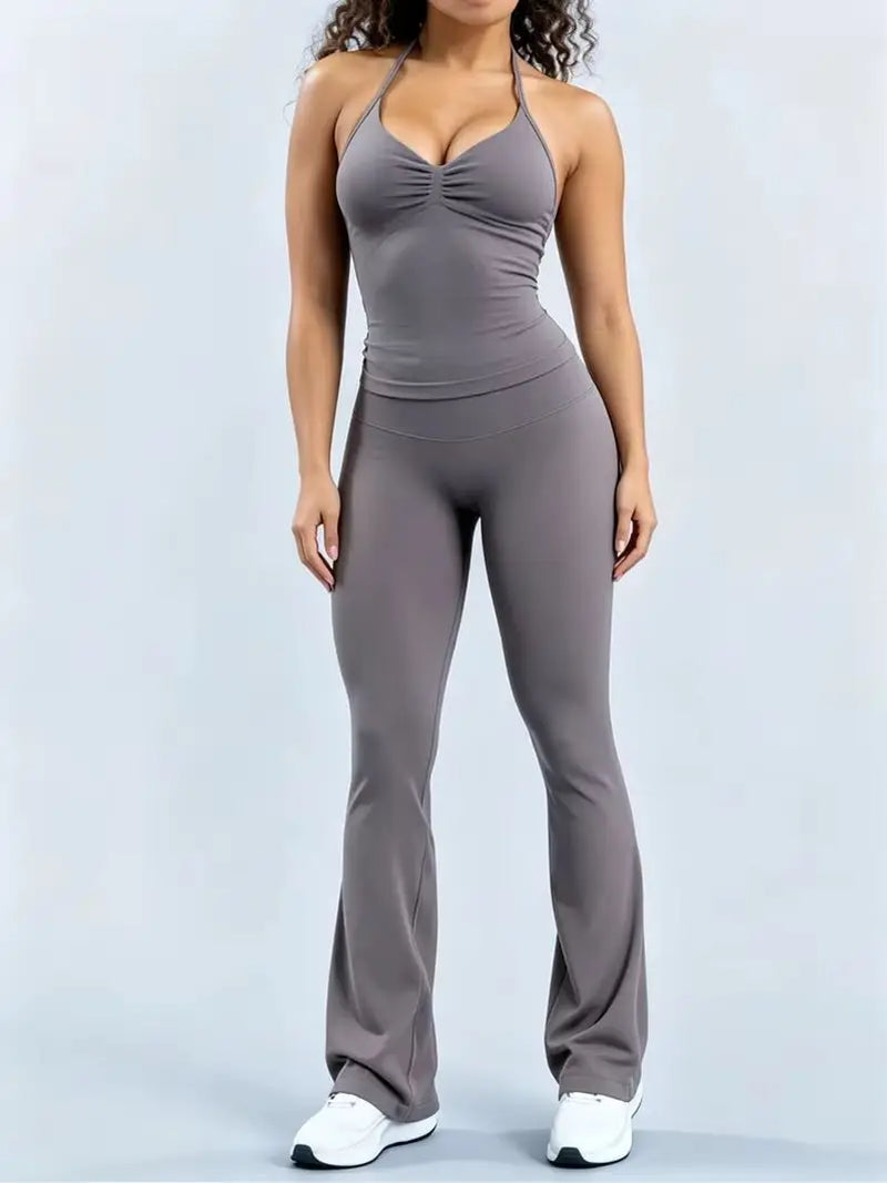 Two Piece Seamless Flare Pants and Ruched Longline Halter Set