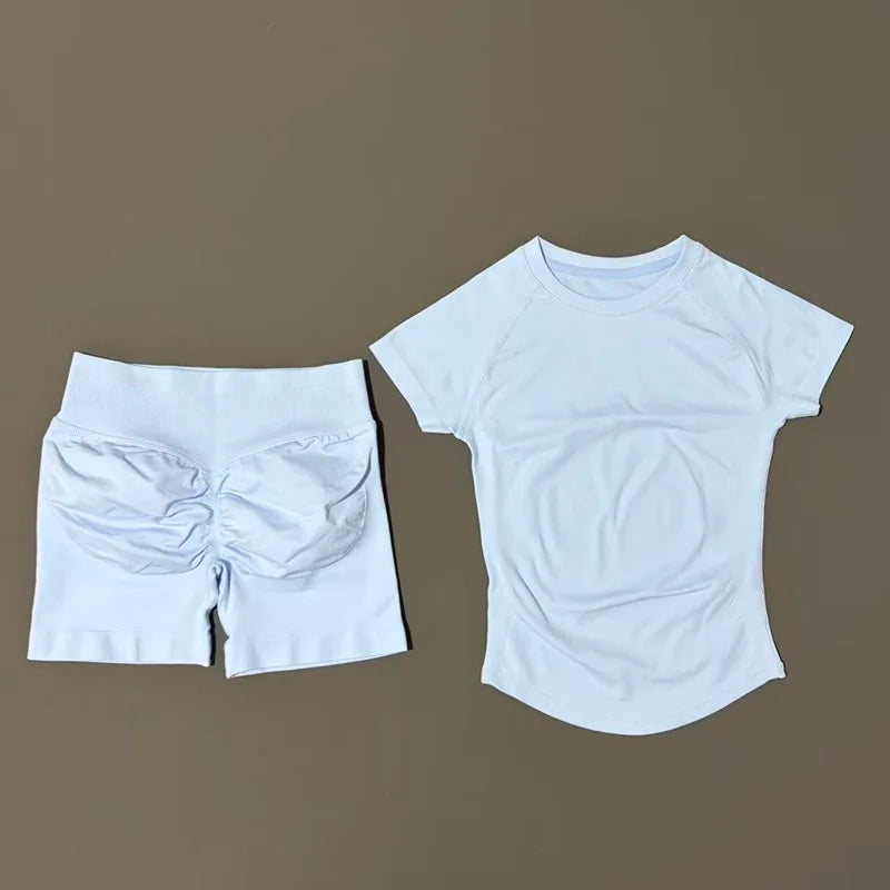 2 Pieces Short Sleeve Top and Seamless Scrunch Shorts Gym set 