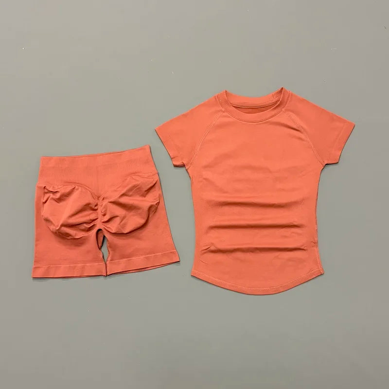 2 Pieces Short Sleeve Top and Seamless Scrunch Shorts Gym set 