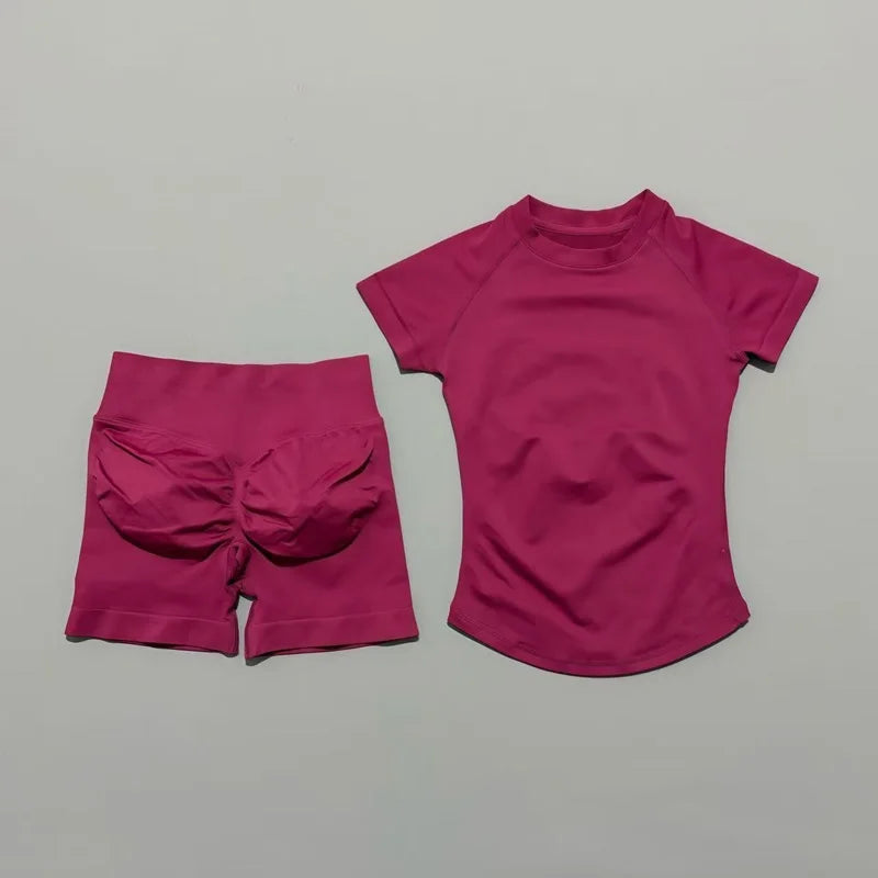 2 Pieces Short Sleeve Top and Seamless Scrunch Shorts Gym set 