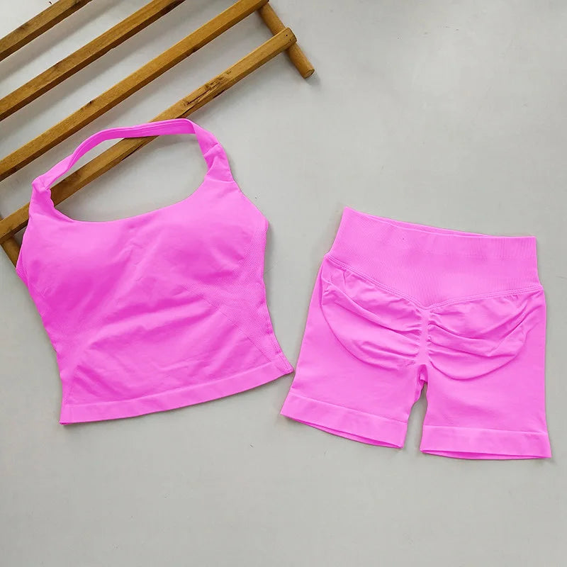  2 Piece Women Open Back Sports Halter Bra Scrunch Shorts set