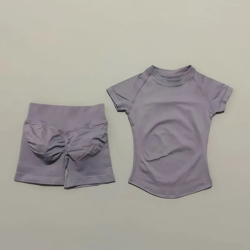 2 Pieces Short Sleeve Top and Seamless Scrunch Shorts Gym set 