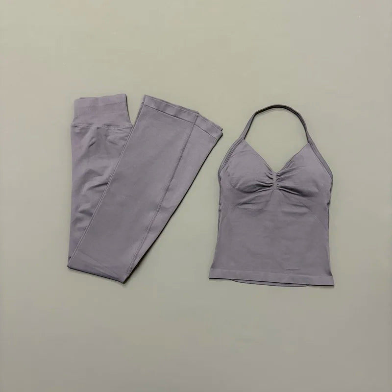 Two Piece Seamless Flare Pants and Ruched Longline Halter Set