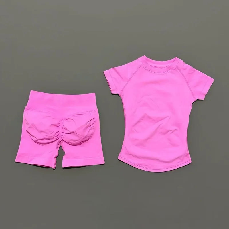 2 Pieces Short Sleeve Top and Seamless Scrunch Shorts Gym set 