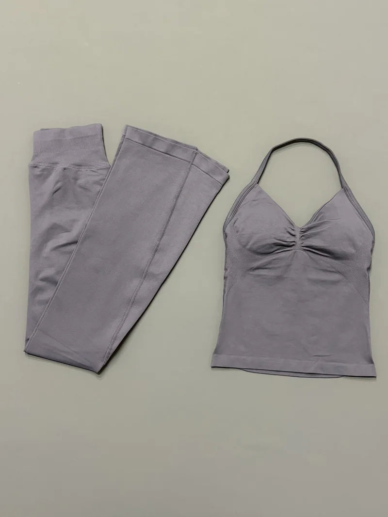 Two Piece Seamless Flare Pants and Ruched Longline Halter Set
