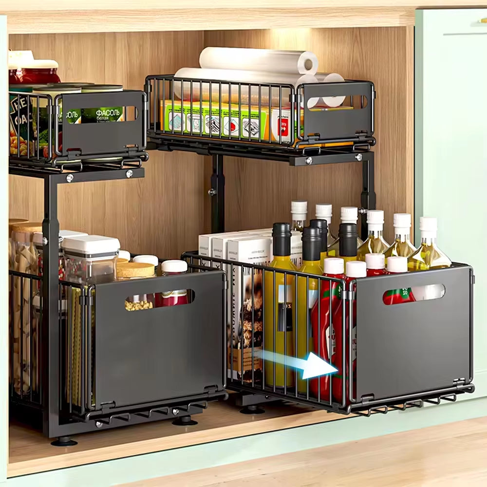 2 Tier Pull Out Adjustable Kitchen Storage Rack 