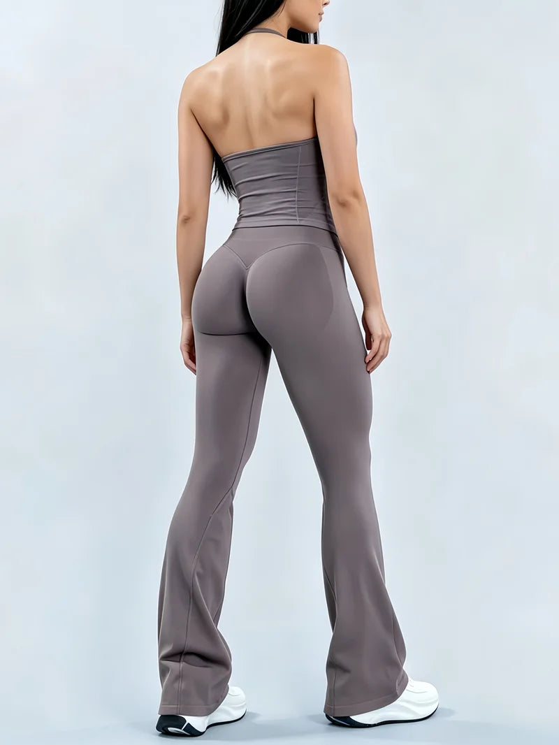 Two Piece Seamless Flare Pants and Ruched Longline Halter Set