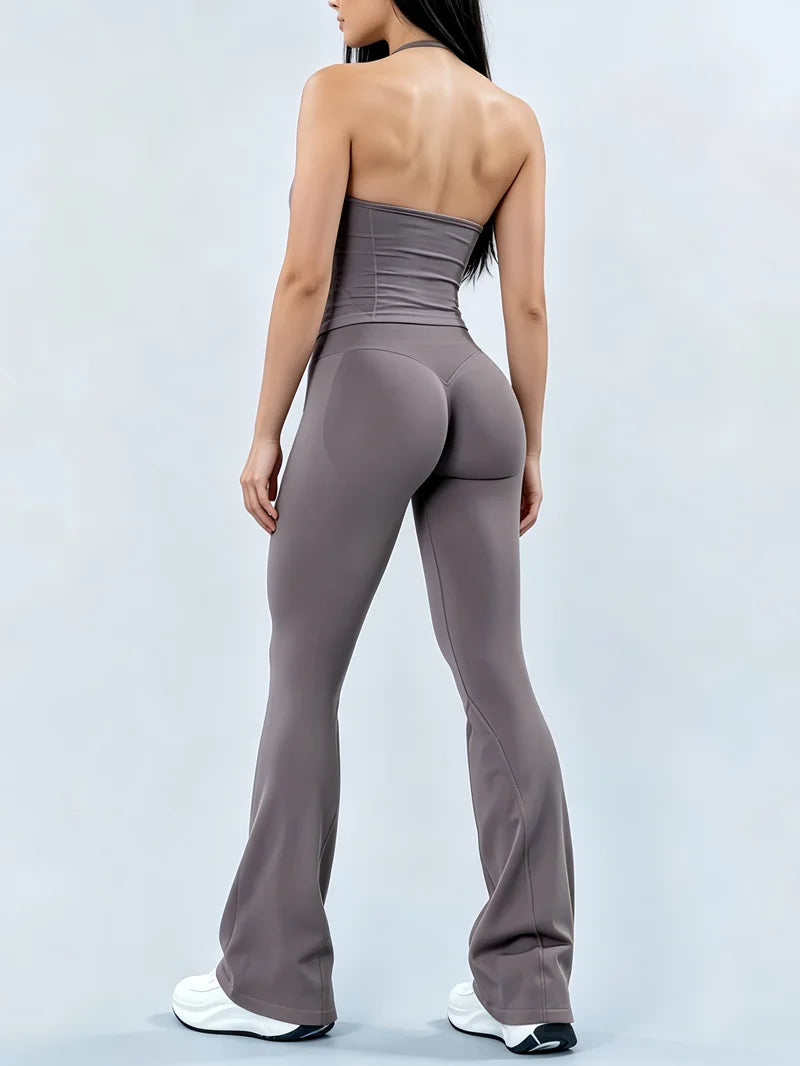 Two Piece Seamless Flare Pants and Ruched Longline Halter Set