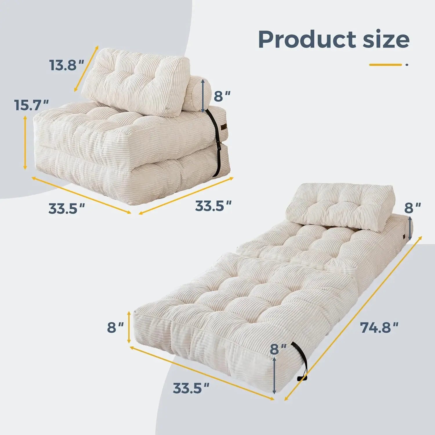 Convertible Folding Sofa Bed with Pillow and Foldable Mattress - Portable Sleeper Chair and Lounge Solution