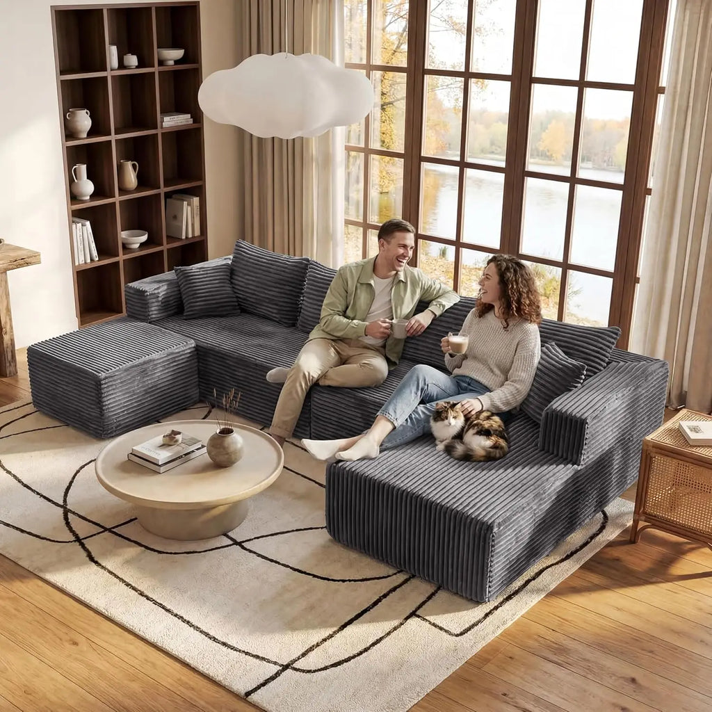 Modular U-Shaped Cloud Couch with Deep Seats & Chaise for Living Room