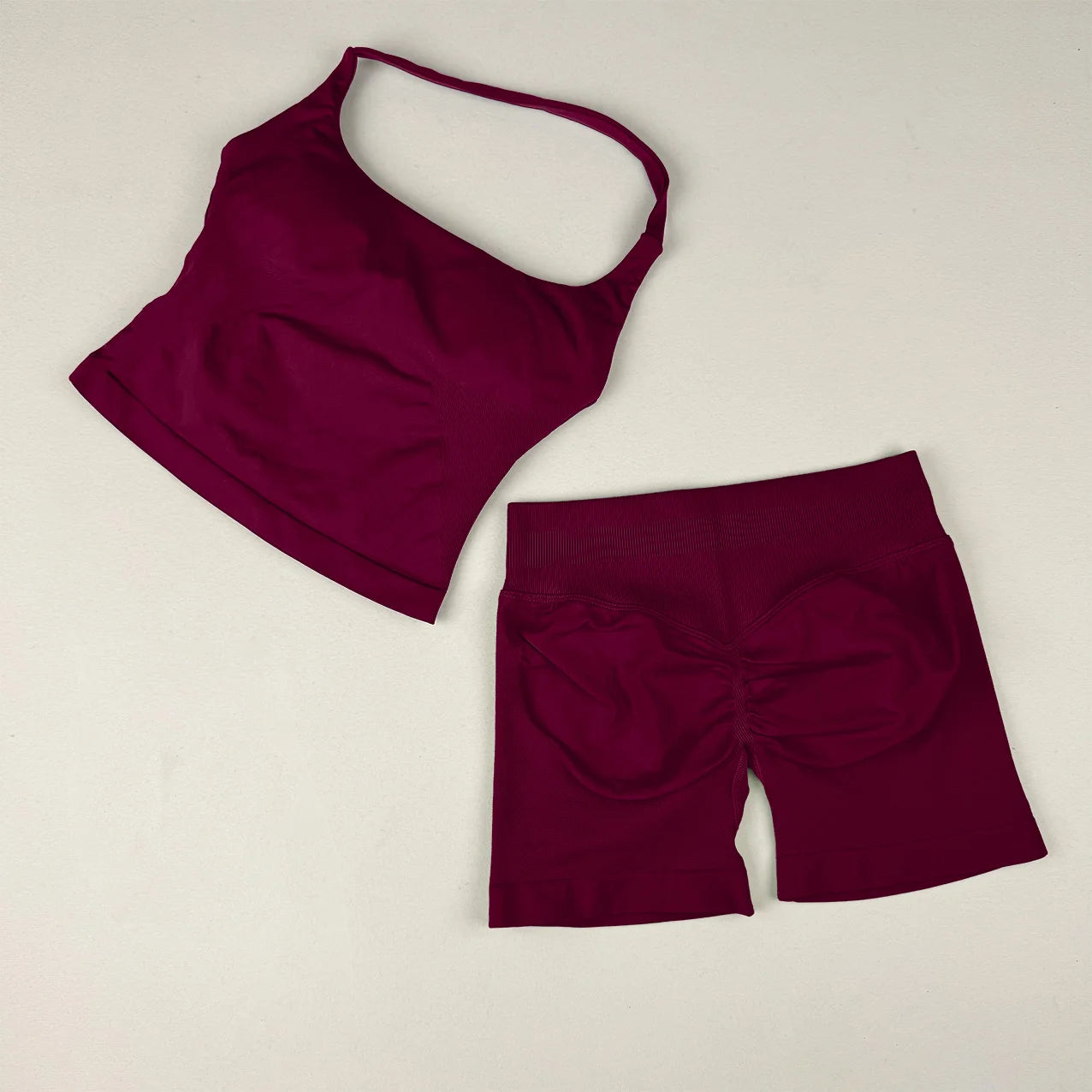  2 Piece Women Open Back Sports Halter Bra Scrunch Shorts set