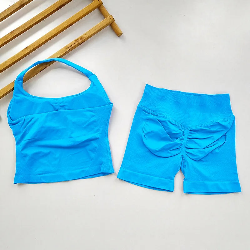  2 Piece Women Open Back Sports Halter Bra Scrunch Shorts set