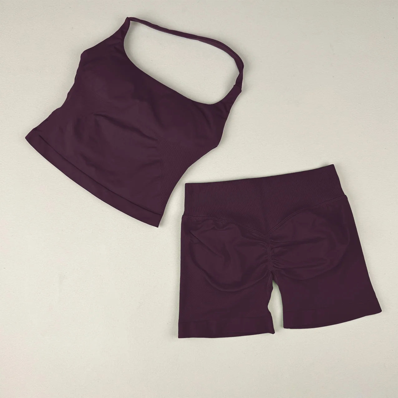  2 Piece Women Open Back Sports Halter Bra Scrunch Shorts set