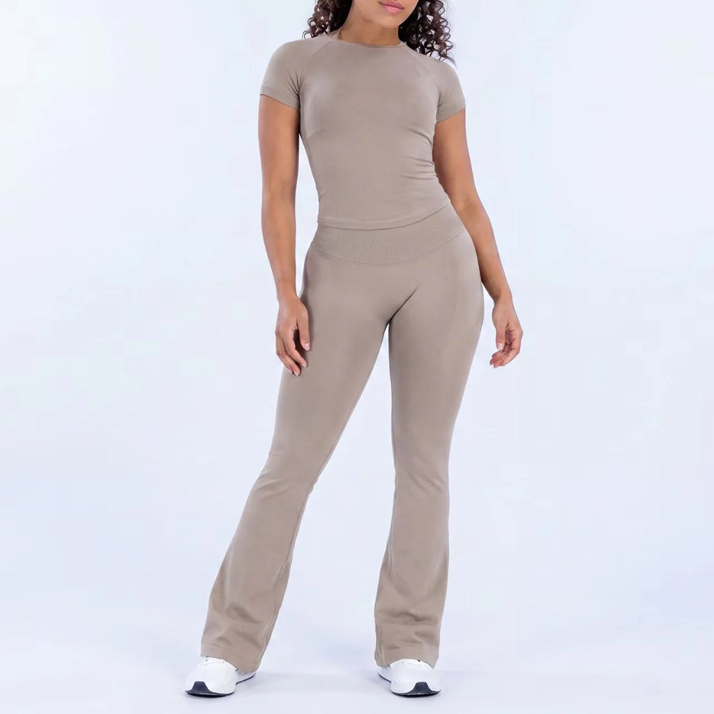 Two Piece Impact Flared Pants and Short Sleeve Top Set